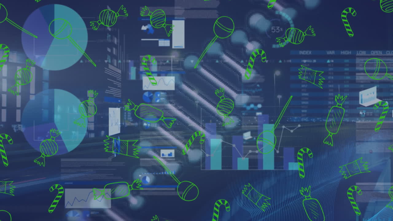 Animation of data processing and dna strand over cityscape