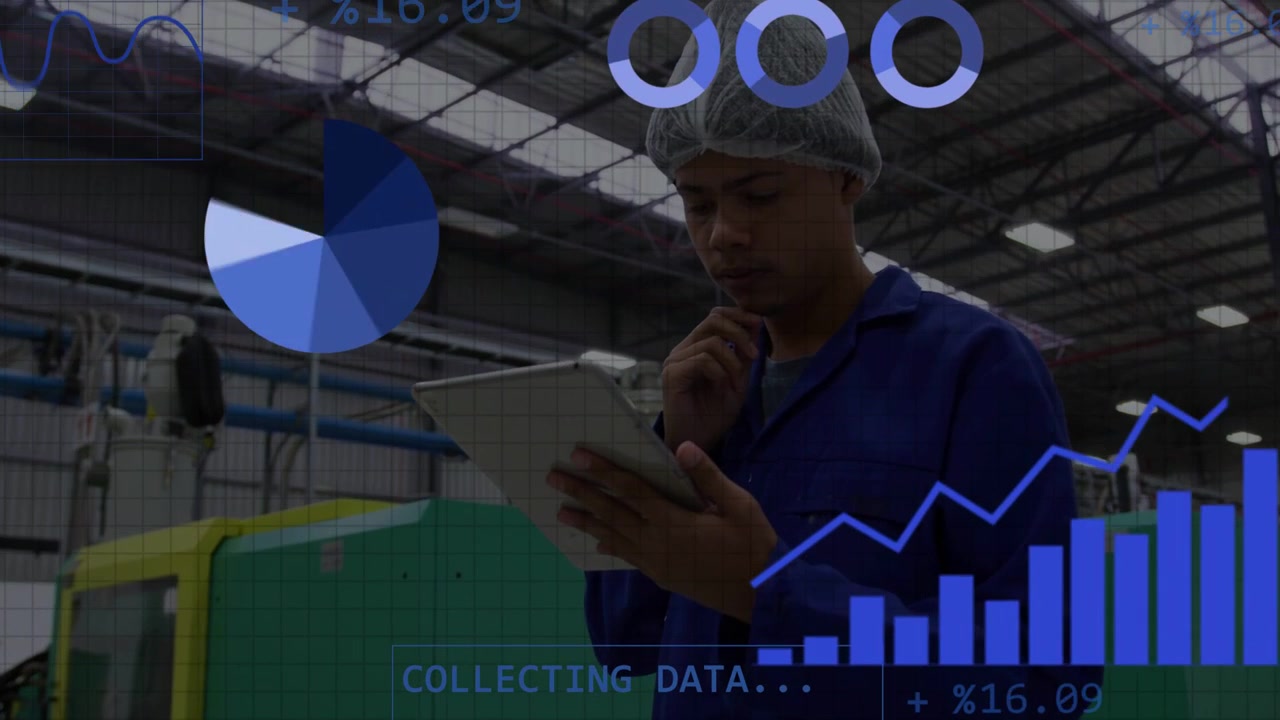 Male factory worker tapping tablet in plant, causing charts and rising line graph for analysing