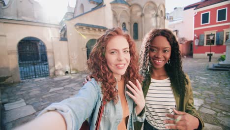 caucasian and african american women holding smartphone and waving at camera while smiling in the street