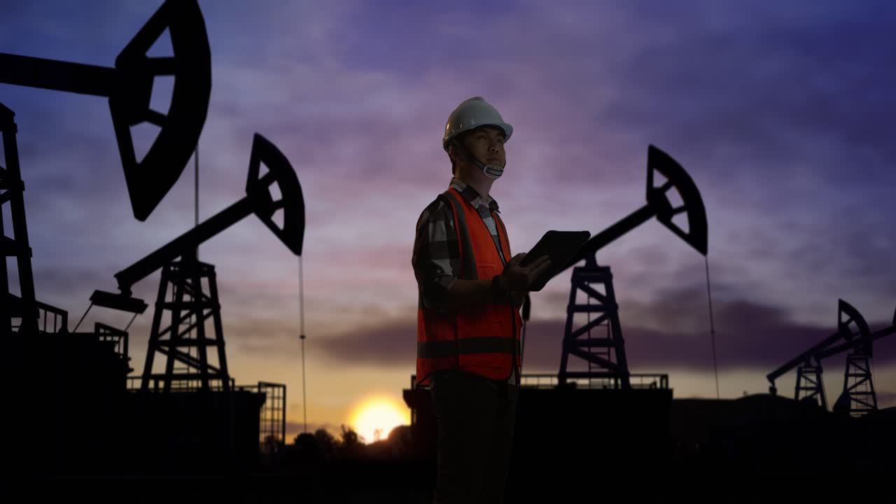 vista lateral de un ingeniero masculino asiático con casco de seguridad tomando nota en la tableta y mirando a su alrededor mientras está de pie frente a las bombas de aceite, durante la puesta o salida del sol