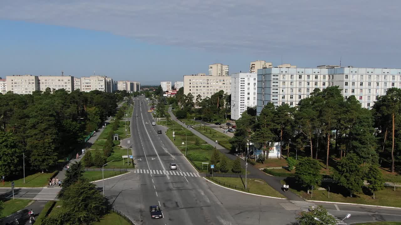 Aerial View of a Road with Light Traffic in a Town in Ukraine