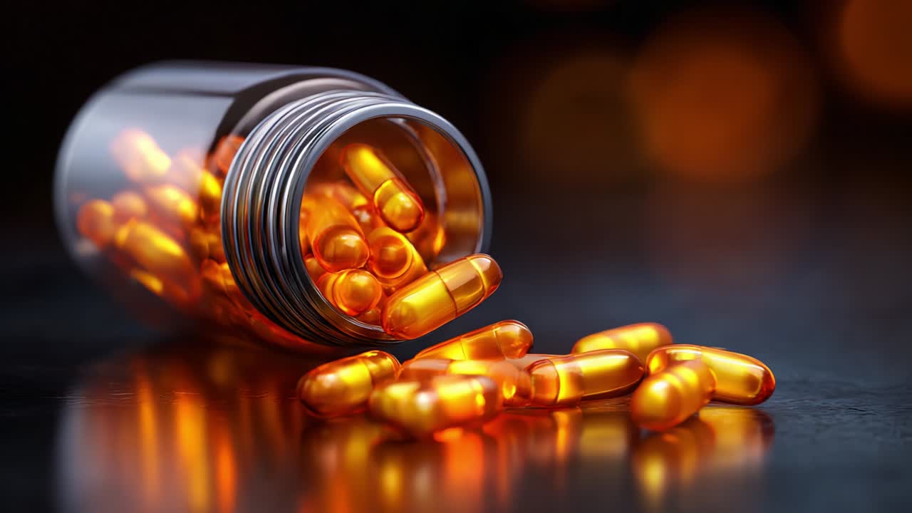 Exploring the World of Supplements: A Detailed Look at Spilled Gelatin Capsules from a Transparent Bottle, Showcasing Their Unique Texture and Reflective Properties Against an Elegant Background