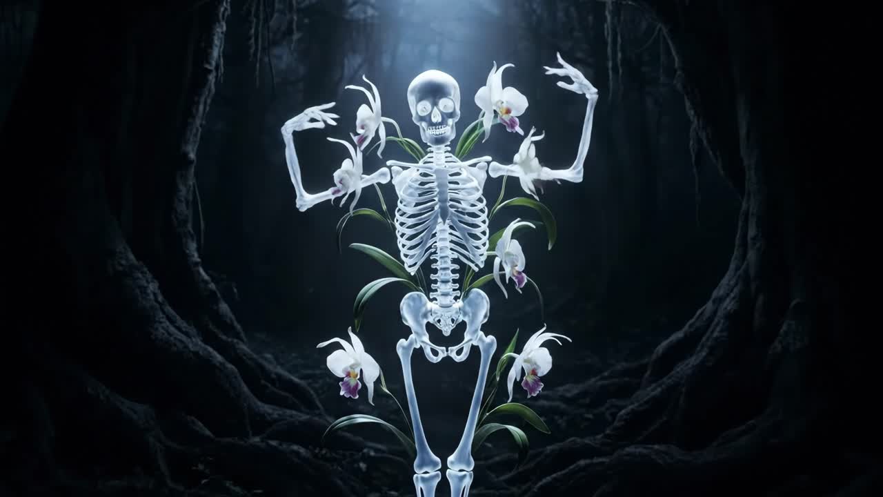Skeleton with Orchids in a Dark Forest