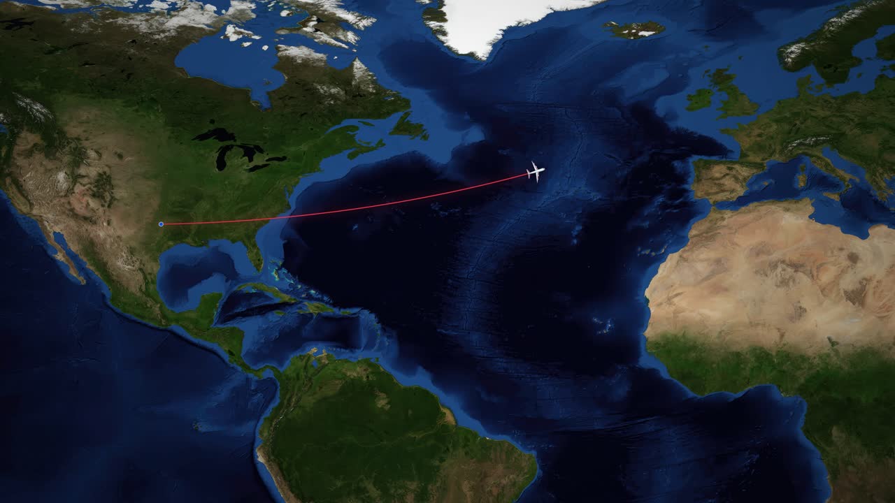 Satellite world map animation follows an airplane flying from Dallas to Manchester across the Atlantic