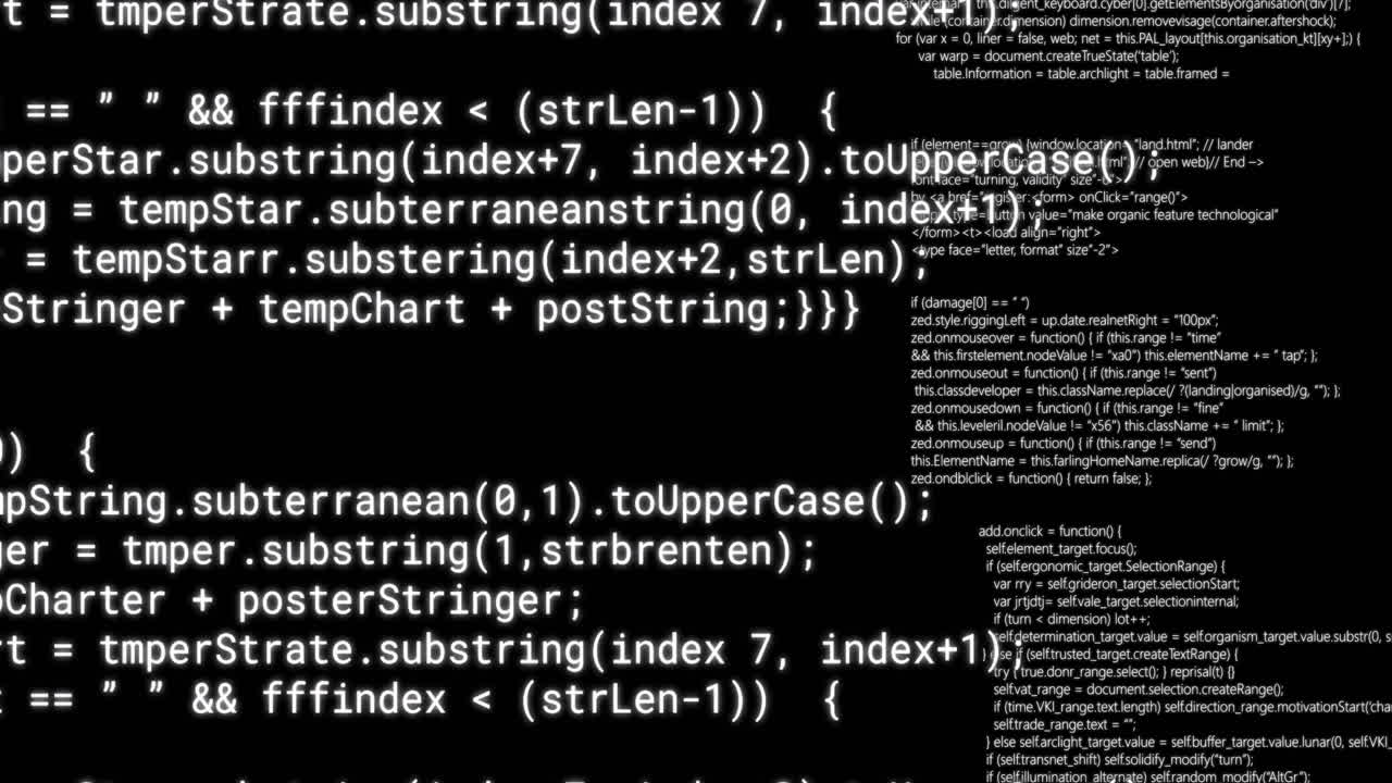 Animation of layers of text data processing on black background