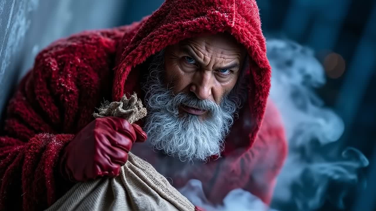 A man in a red hooded robe holding a bag of money