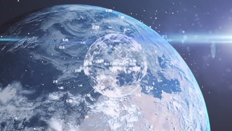animation of globe of network of connections over earth in universe on blue background