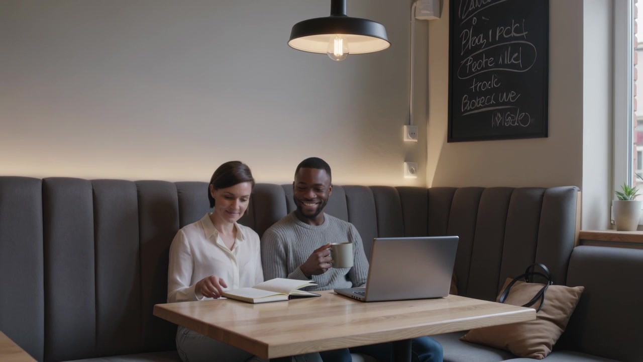 To kolleger blar i notatbøker og gjennomgår notater til et møte på en kafé, mens de holder et krus og en bærbar PC.