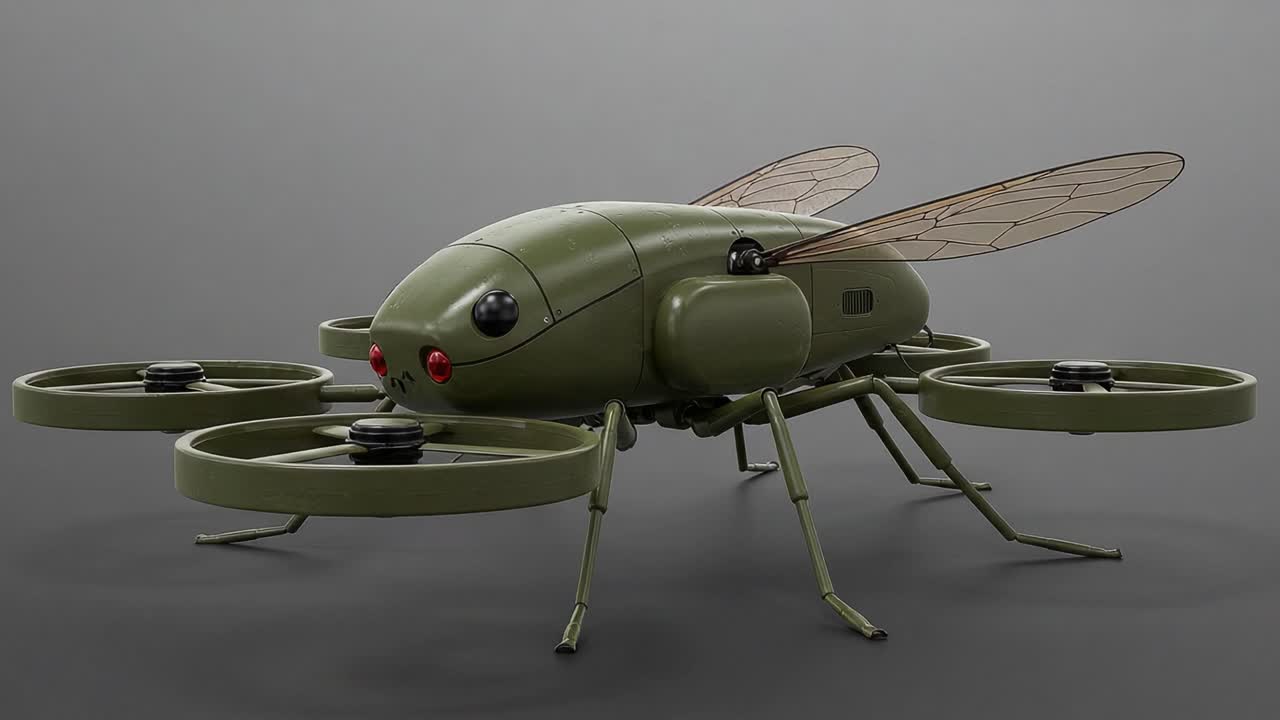 A Futuristic Hybrid Insect Drone Featuring Four Rotors and Realistic Wing Design, Merging Nature's Aesthetics with Advanced Technology for Versatile Applications