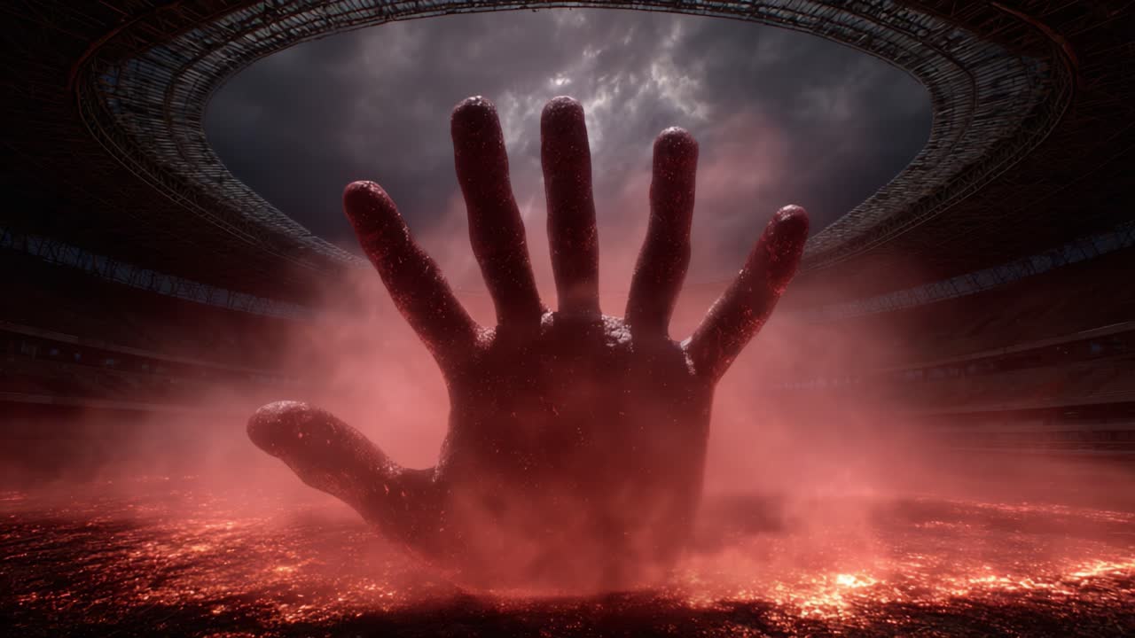 Una mano colossale emerge drammaticamente dal terreno, circondata da un paesaggio infuocato, evocando temi di potere ed energia grezza in un'ambientazione di arena vibrante e oscura