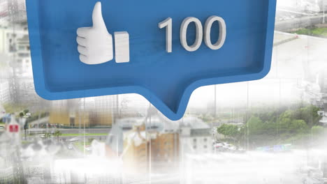 like icon with increasing numbers on blue speech bubble against view of cityscape