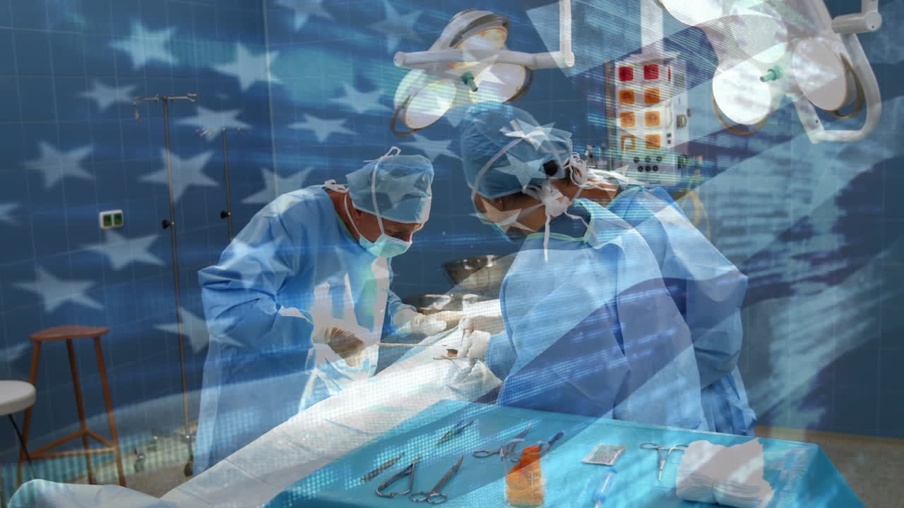 수술실 에서 외과 의사 들 위 에 흔들리는 미국 국기 의 애니메이션
