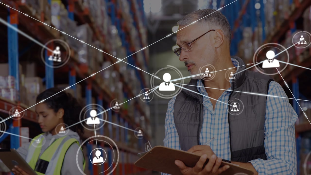 Animation of network of connections with icons over two diverse warehouse workers