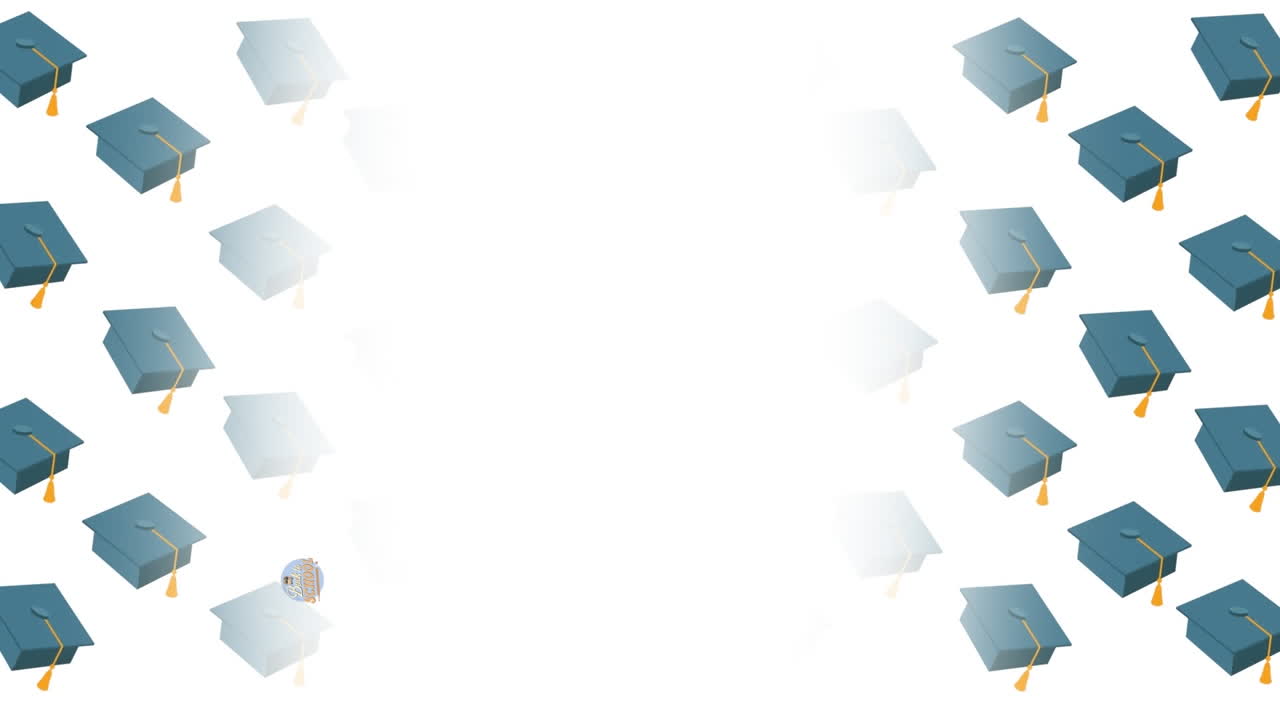 Animation of back to school text over graduation hats on white background