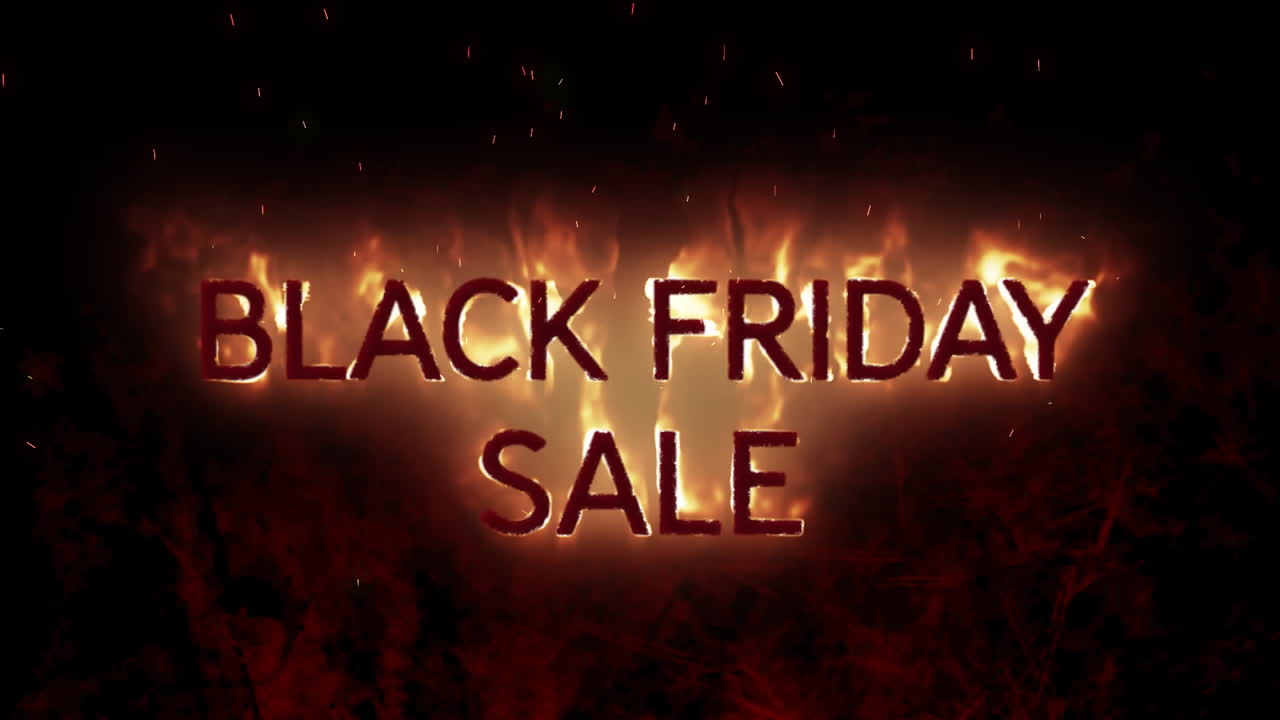 검은 배경 위에 불타는 불꽃에서 블랙 프라이데이 판매 텍스트의 애니메이션