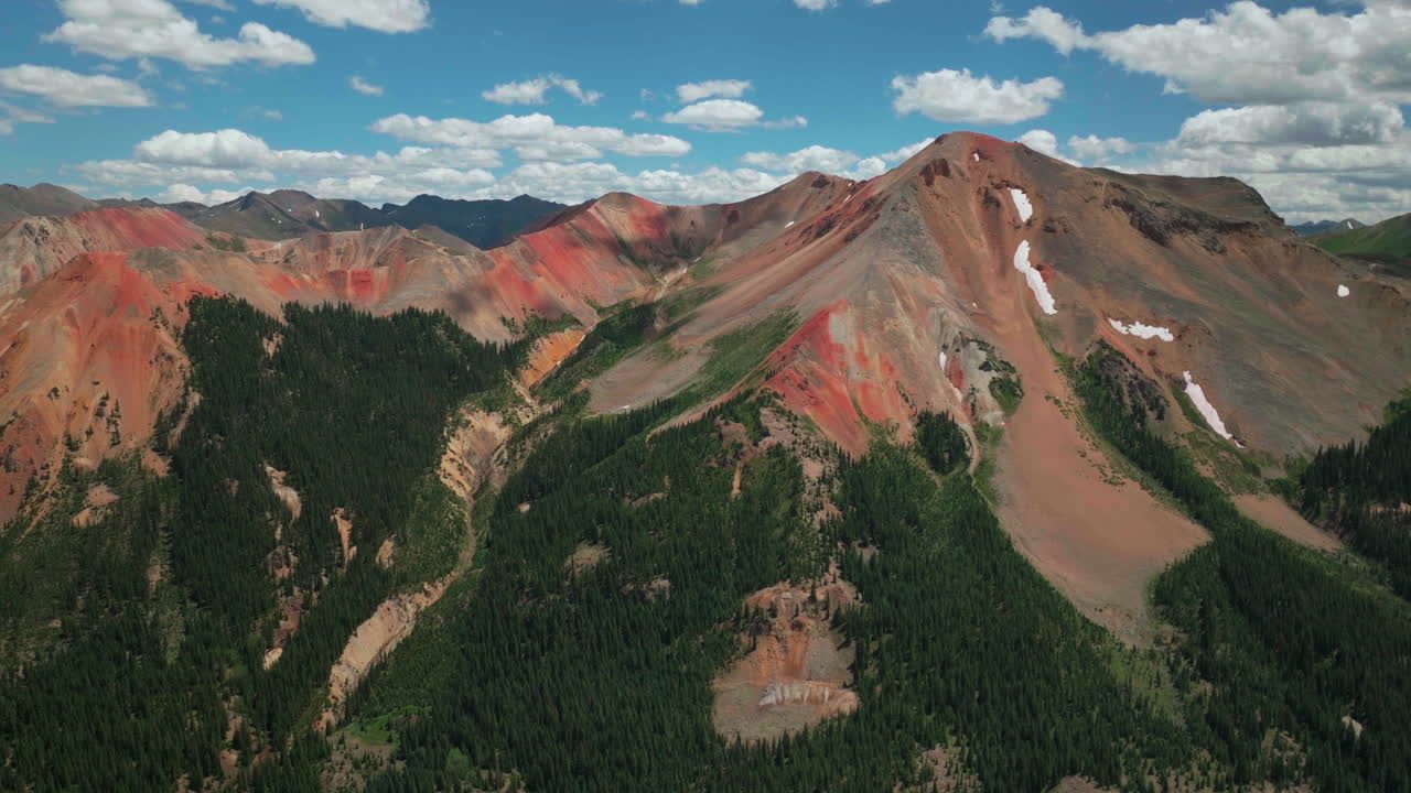 drone cinematográfico aéreo verano de gran altitud paso de la montaña roja ouray silverton telluride colorado cielo azul mañana cielo azul parcialmente nublado montañas rocosas impresionante círculo de conducción movimiento a la izquierda