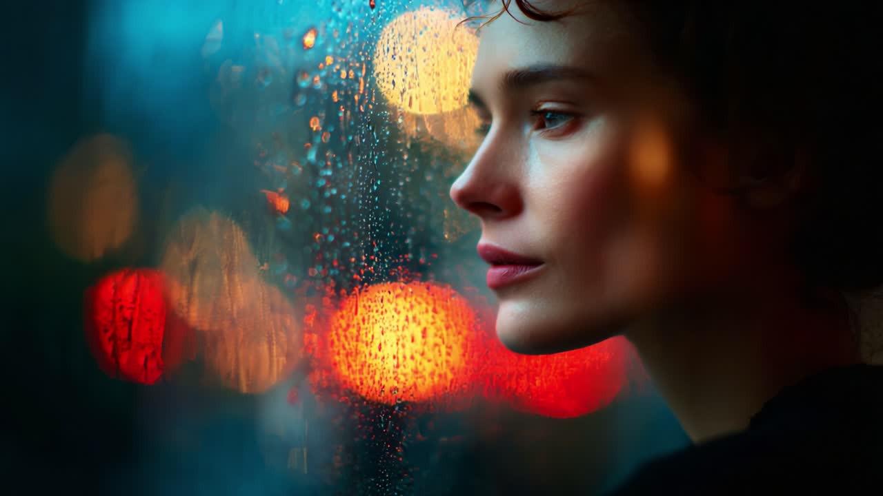 A Contemplative Moment: A Young Woman Gazing Out a Rainy Window, Capturing the Melody of Raindrops with a Soft Glow of Warm Colors Reflecting Through the Glass