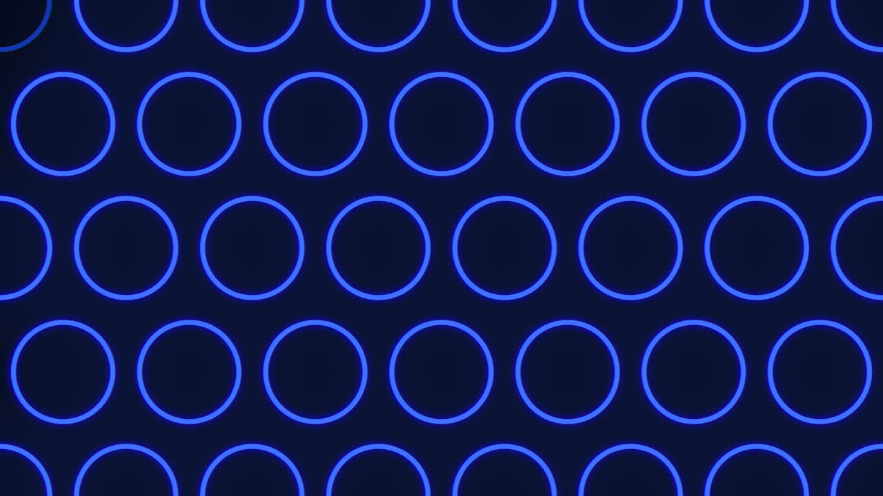 Symmetrical arrangement of glowing blue circles on a black background creates a mesmerizing pattern. Each circle overlaps slightly, enhancing the visual impact