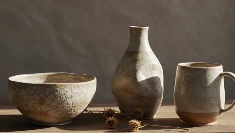 a serene display of elegant pottery: captivating textures and earthy tones reflecting natural beauty and craftsmanship in artful arrangement