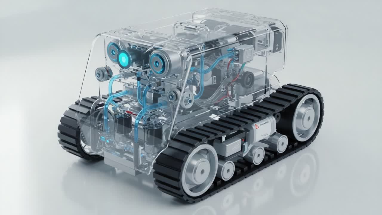 A Clear-Cased Robotic Vehicle Showcasing Advanced Engineering with Transparent Components, Tracks, and Detailed Mechanisms for Educational and Demonstrational Purposes
