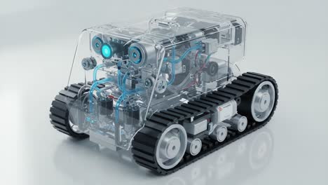 a clear-cased robotic vehicle showcasing advanced engineering with transparent components, tracks, and detailed mechanisms for educational and demonstrational purposes