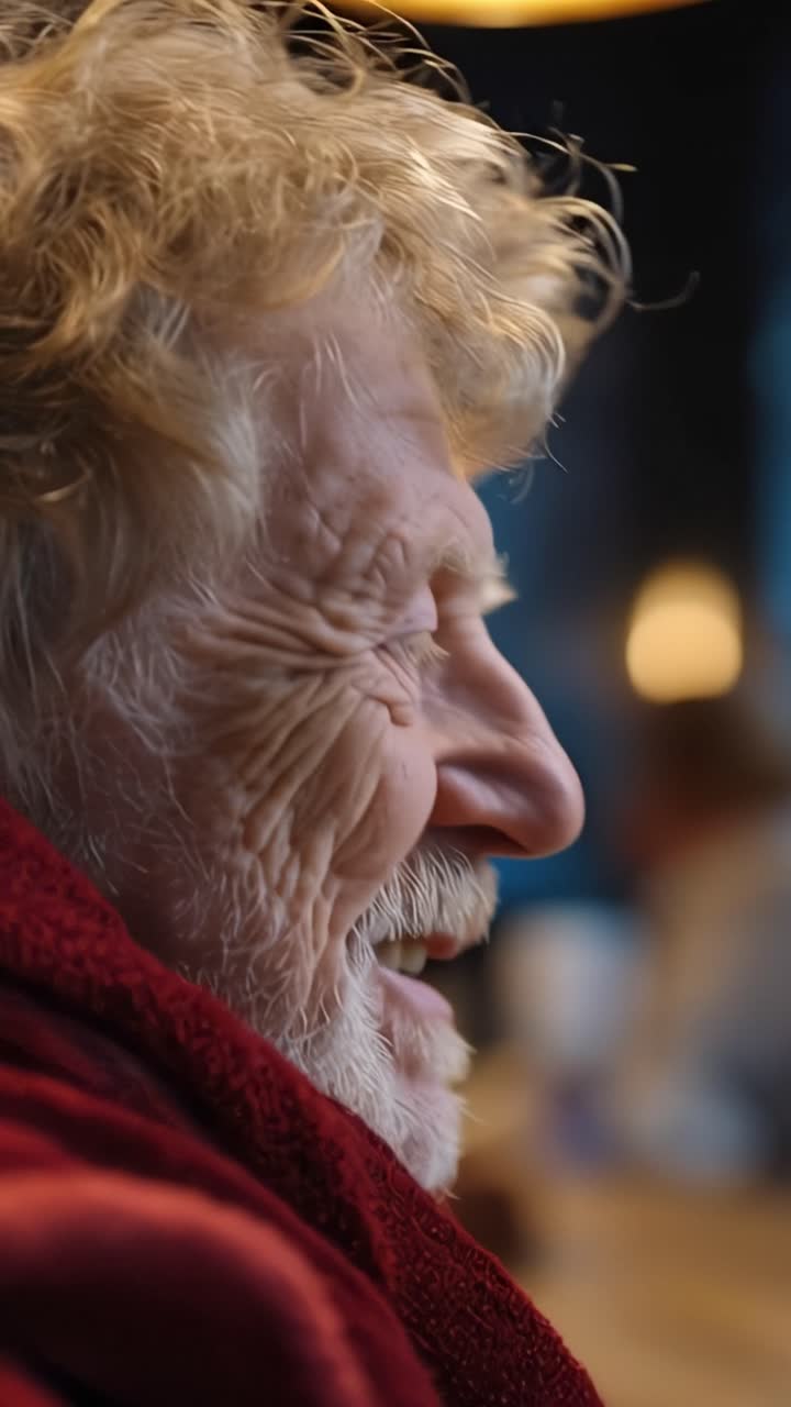 Warm light glows softly behind the man's curly head. His face, lined with age, bears a gentle, quiet smile. Red scarf wraps around his shoulders, soft and cozy
