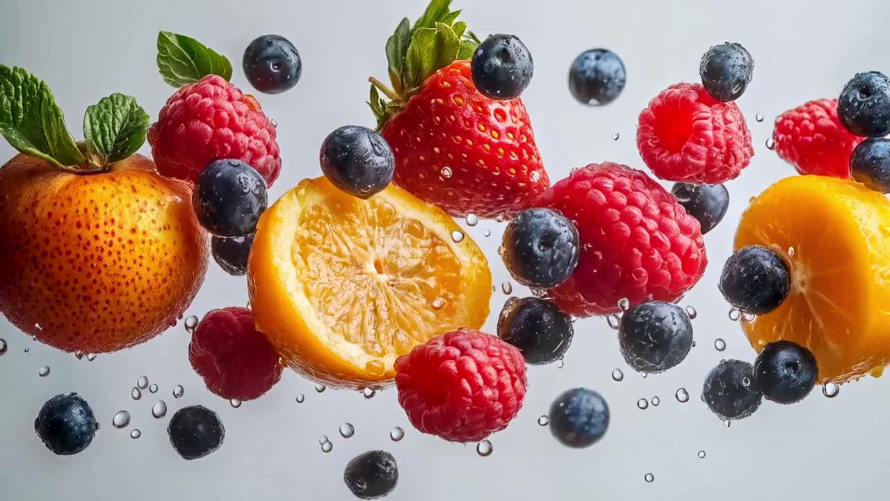 Vibrant Mixed Fruits with Water Droplets