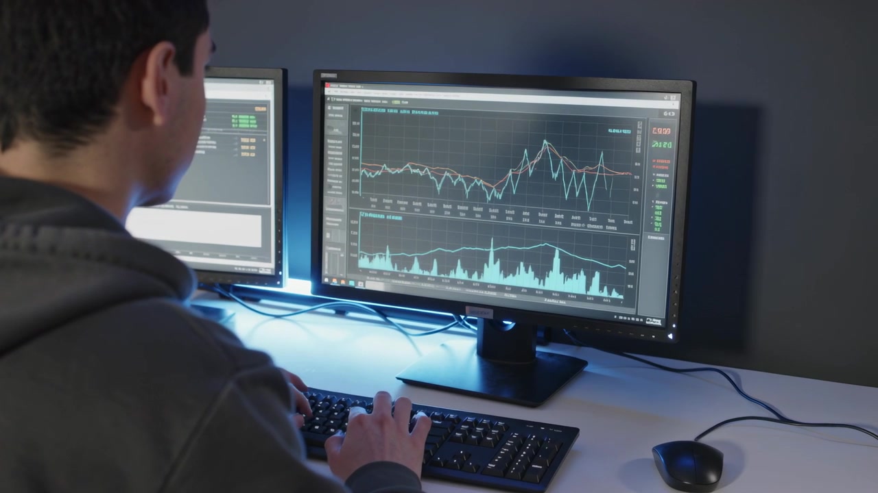 Typing male trainee monitoring dual monitors at home office, spotting peak on dashboard, copy space