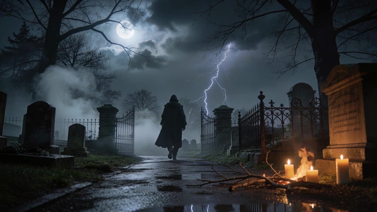 Figura ammantata che cammina lungo un sentiero bagnato verso il cancello del cimitero, con fulmini che balenano e candele che brillano.