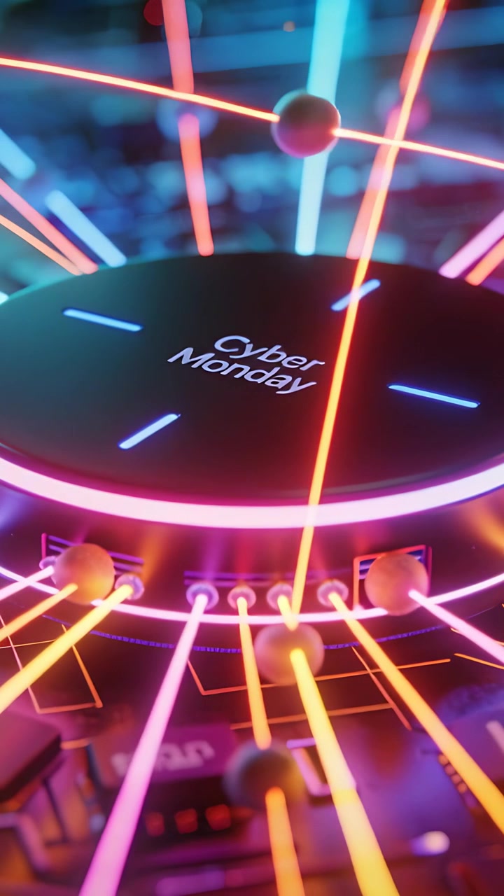 Video verticale: Telecamera che inquadra un hub CyberMonday con bordo magenta pulsante che attira aste in una scheda di collegamento.
