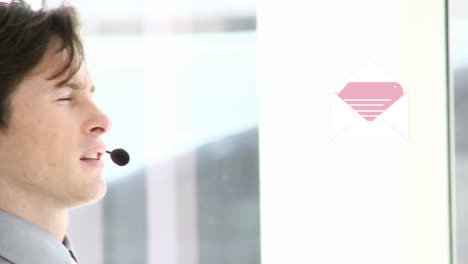 animation of digital icons over businessman using phone headset