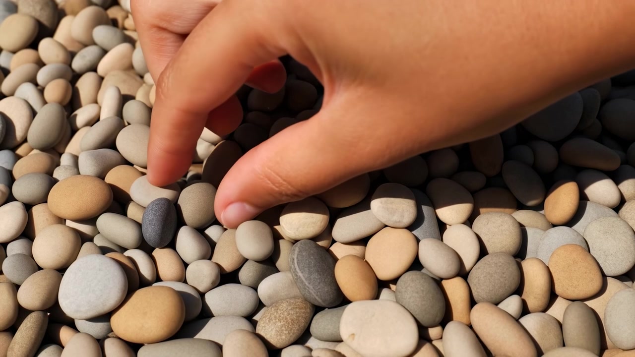 Mano che posiziona ciottoli, su una superficie di ciottoli, con ciottoli, mano, con texture di ciottoli, da una prospettiva ravvicinata, con accenti marroni e grigi, e un'atmosfera neutra, con luce chiara e composizione equilibrata.