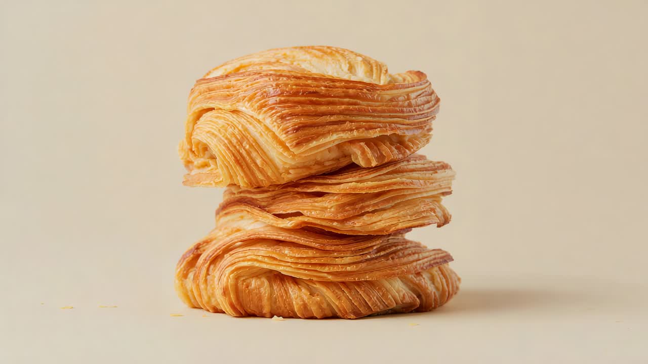 Camera recording 3-tier laminated pastry stack showing flaky layers on beige desk for ad, crumbs by