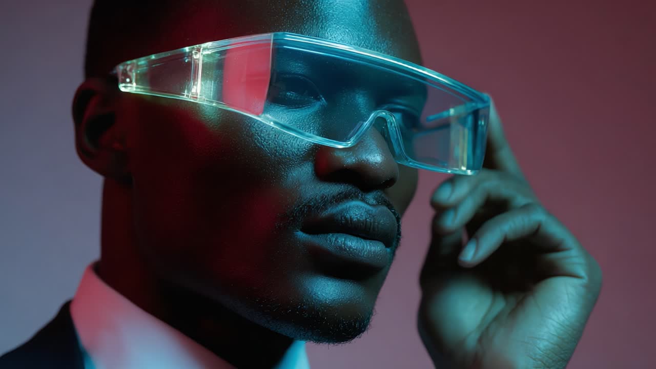 A Stylish Portrait of a Man Wearing Futuristic Transparent Glasses Displaying Confidence and Modern Fashion in a High-Contrast Lighting Environment