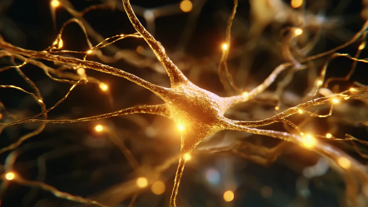An intricate and mesmerizing view of a neuron illuminated with vibrant golden hues, showcasing the complex structures and synaptic connections that are vital for communication within the brain