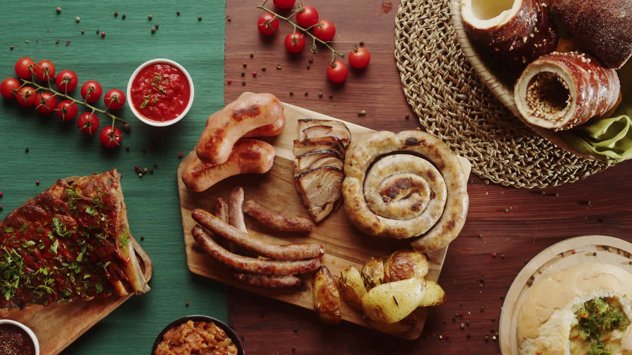 Sett ovenfra av en hånd som dypper en potet i saus på et rustikt matbord