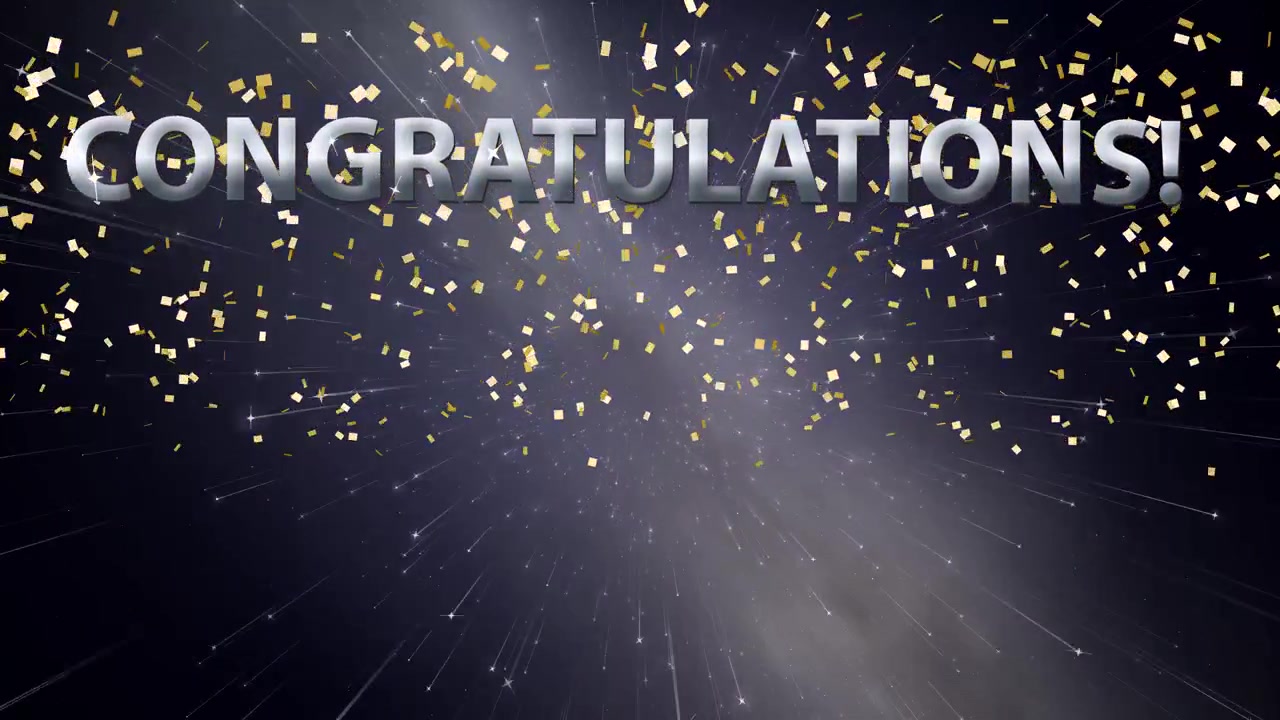 Silver congratulations text and falling gold confetti animate over a cinematic drifting night sky background.