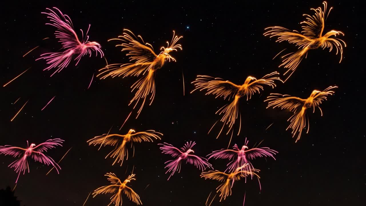 A Mesmerizing Display of Fireworks Creating Illusions of Ethereal Birds in the Night Sky, Capturing Imagination and Awe with Their Radiant Glow and Dynamic Patterns