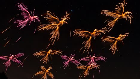 a mesmerizing display of fireworks creating illusions of ethereal birds in the night sky, capturing imagination and awe with their radiant glow and dynamic patterns