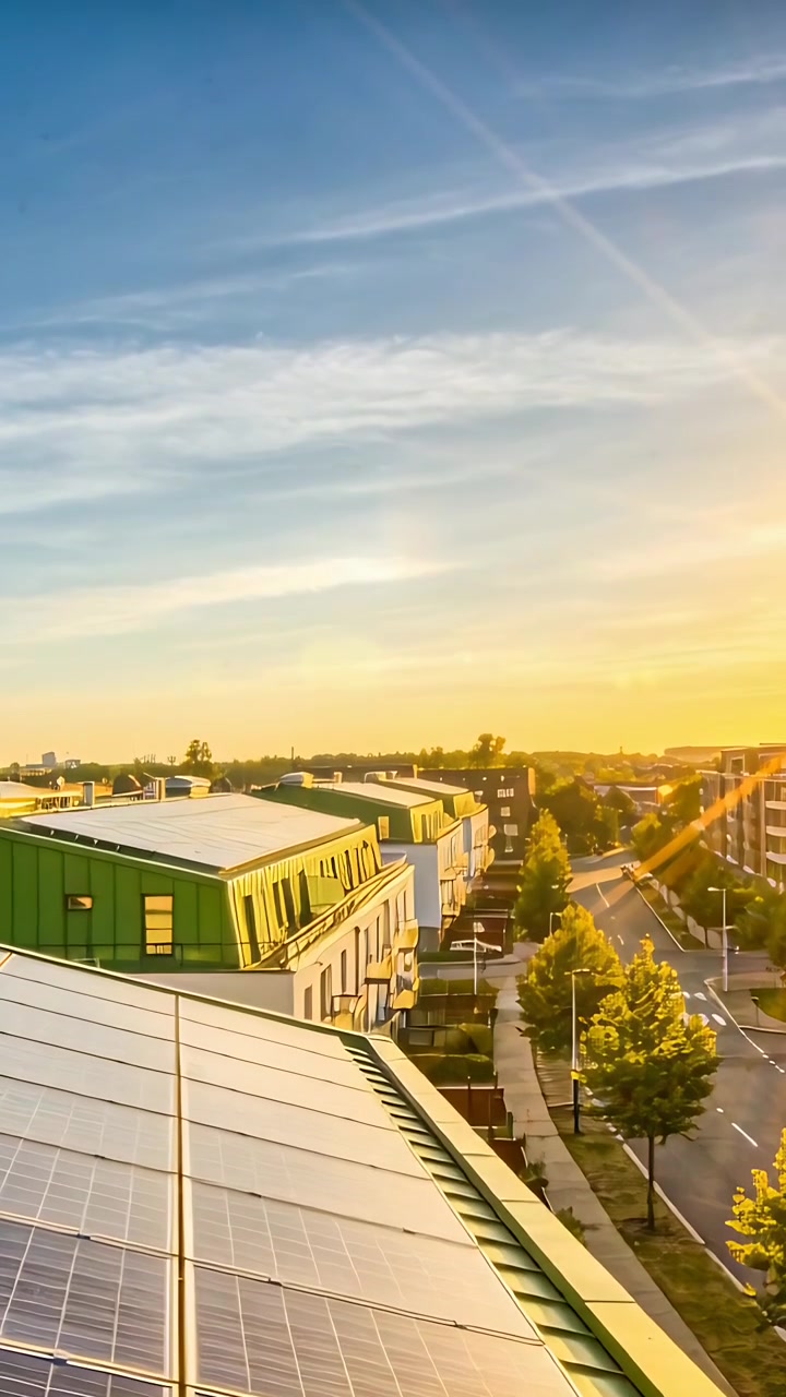 Vídeo vertical: Câmera panorâmica em painéis e edifício verde enquanto o sol aquece a rua com reflexo de lente, com espaço para texto.