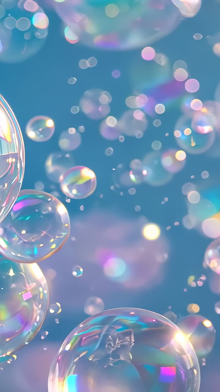 Vertical video: Entering iridescent soap bubble cluster drifting rotating over pastel bokeh orbs