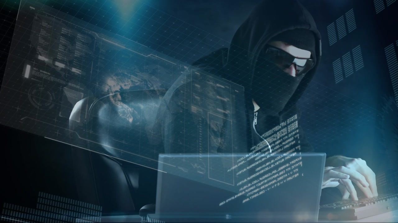 Animation of data processing over caucasian male computer hacker in balaclava using laptop