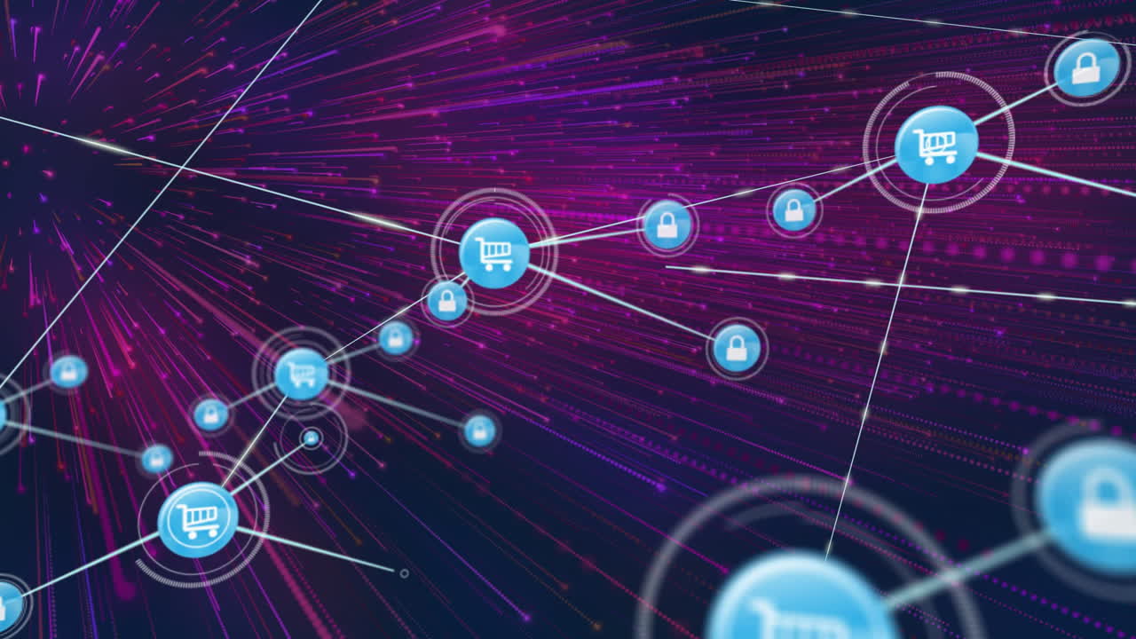 animación de la red de conexiones con iconos sobre fondo oscuro