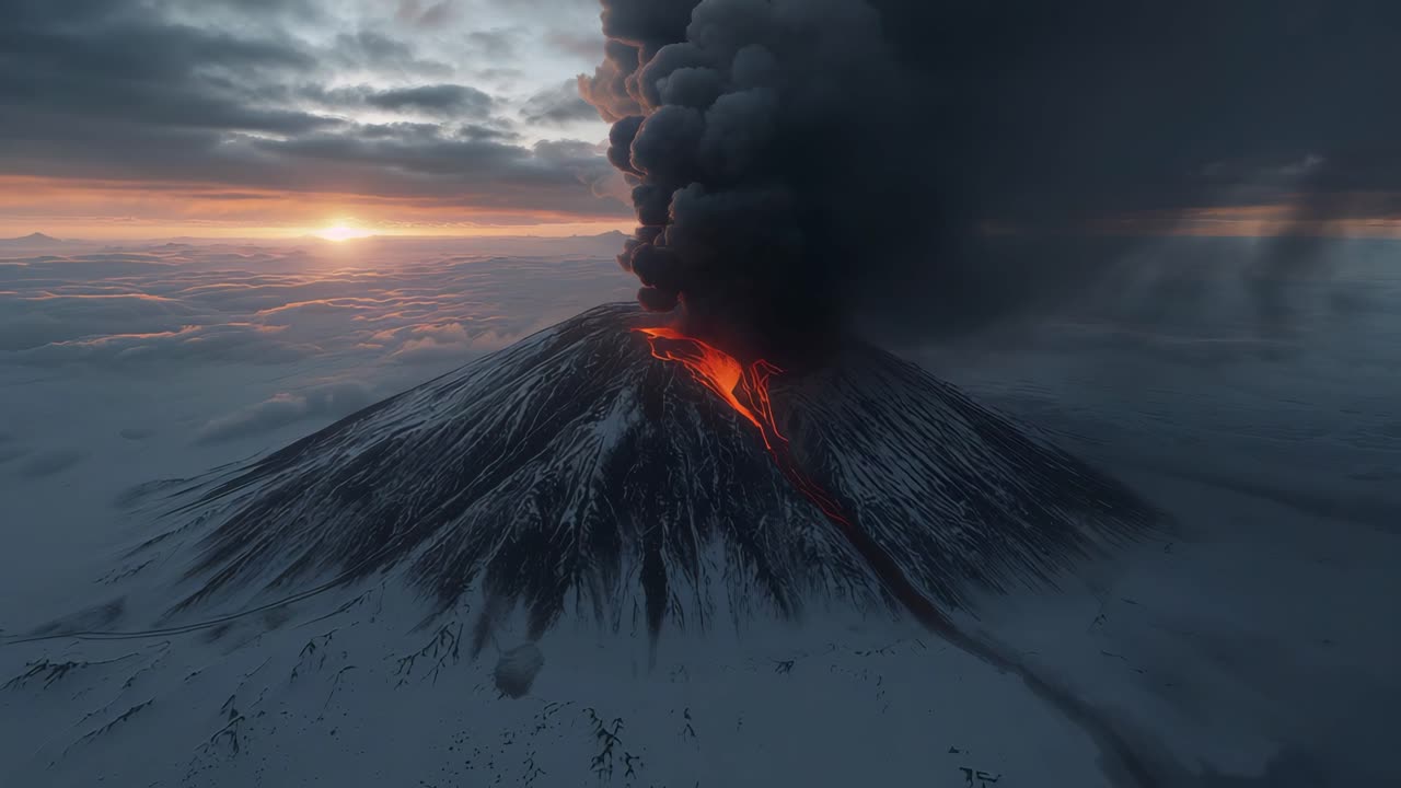 erupción volcánica al atardecer
