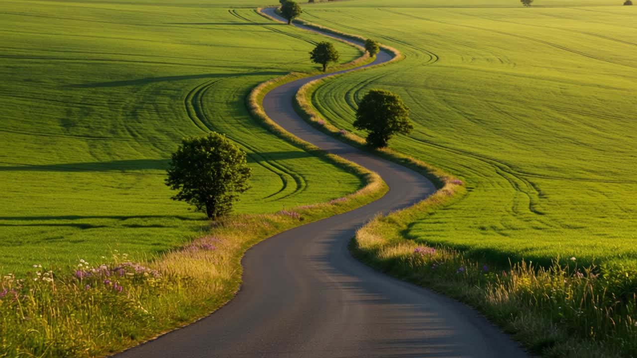 A Serene Curved Road Traverses Lush Green Fields, Framed by Graceful Trees, Inviting Journeys Through Nature's Tranquil Wonderland