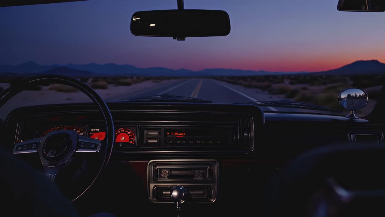 POV video style from inside a vintage car at dusk, capturing a serene desert road
