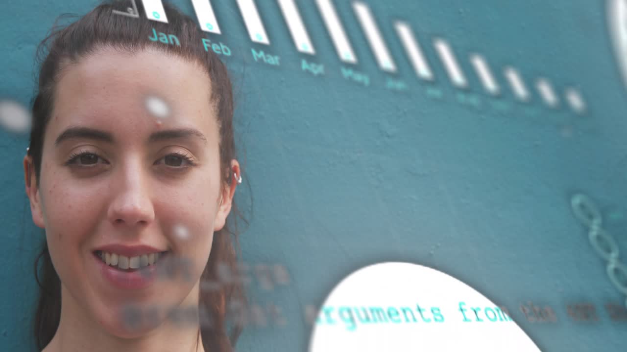 Woman standing before teal wall while animated bars sliding down revealing face, showing tech data