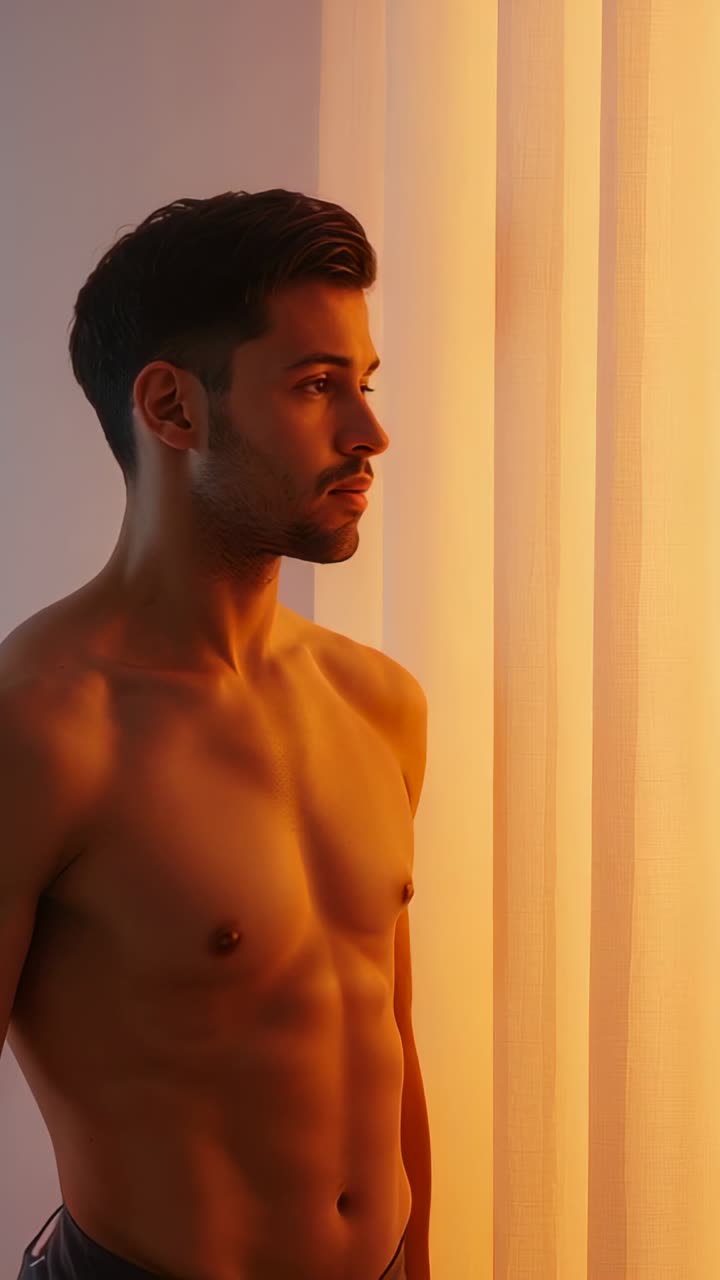 Video verticale: Uomo a torso nudo in piedi che guarda fuori dalla finestra mentre una luce calda filtra attraverso le tende.