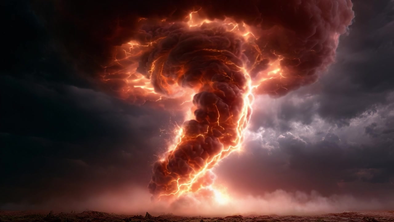 Una spettacolare manifestazione della potenza della natura: una rappresentazione illustrativa di un tornado infuocato che si forma tra nuvole scure e cieli illuminati