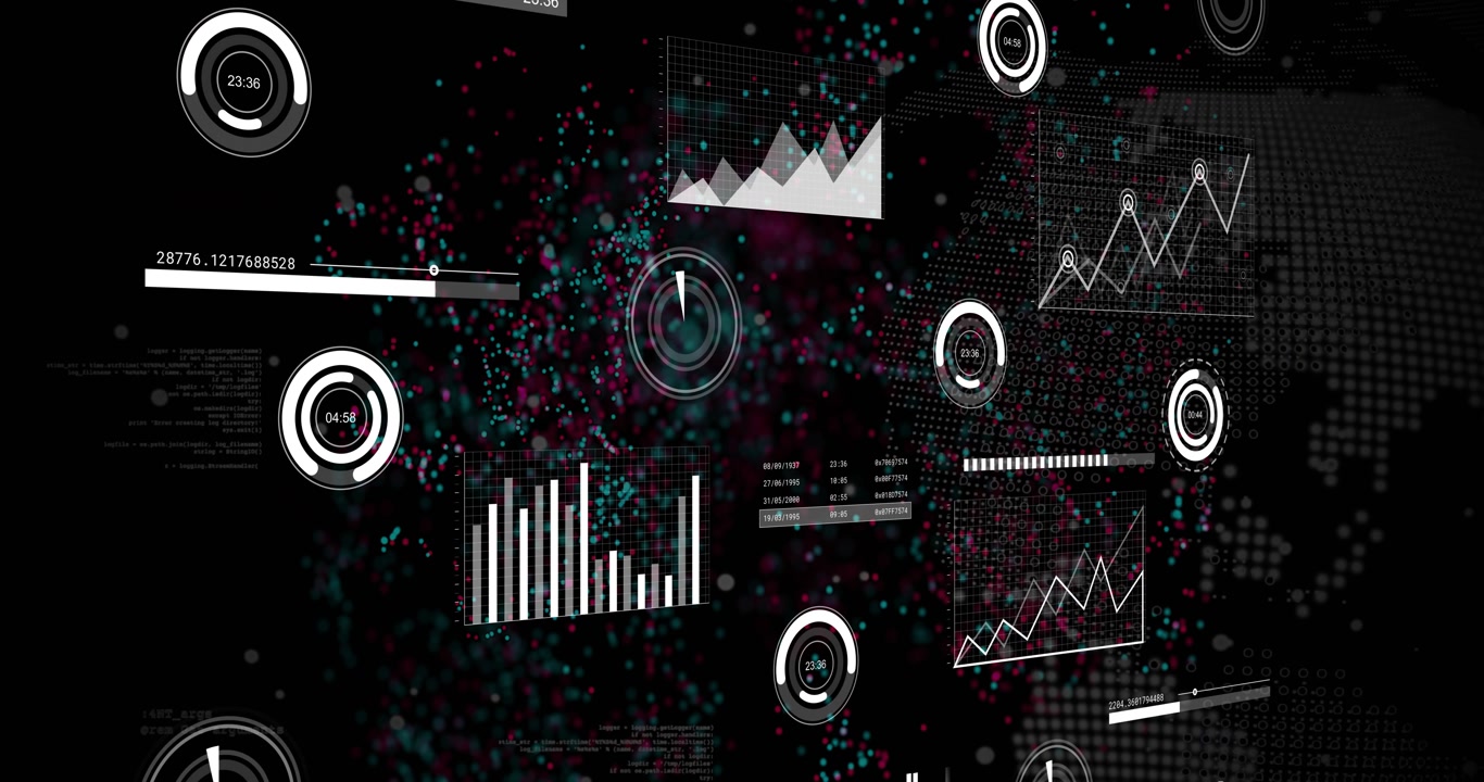 On opening ring timers pulsing labels sliding clouds merging and charts rising visualizing metrics